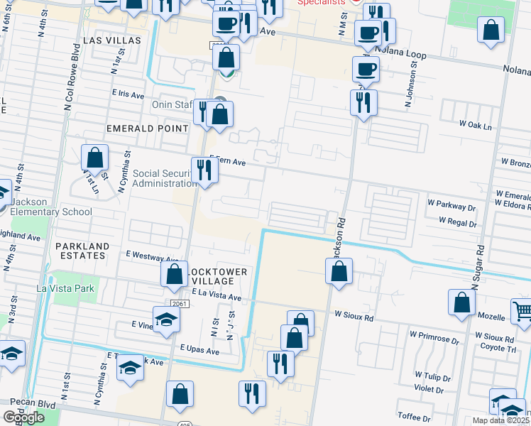 map of restaurants, bars, coffee shops, grocery stores, and more near 1201 East Daffodil Avenue in McAllen
