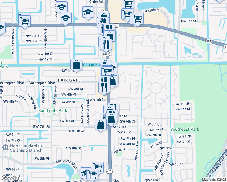 map of restaurants, bars, coffee shops, grocery stores, and more near 316 South State Road 7 in Margate