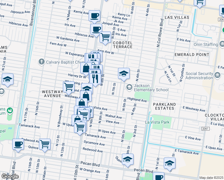map of restaurants, bars, coffee shops, grocery stores, and more near 2700 North 7 1/2 Street in McAllen