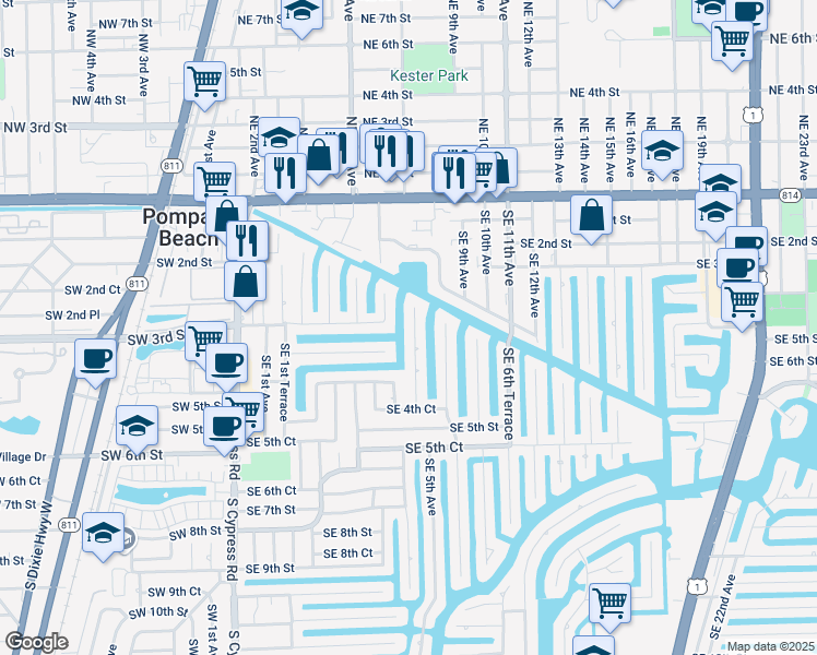 map of restaurants, bars, coffee shops, grocery stores, and more near 271 Southeast 5th Avenue in Pompano Beach