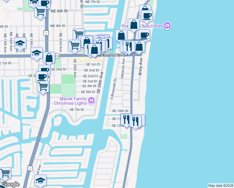 map of restaurants, bars, coffee shops, grocery stores, and more near 550 Hibiscus Avenue in Pompano Beach