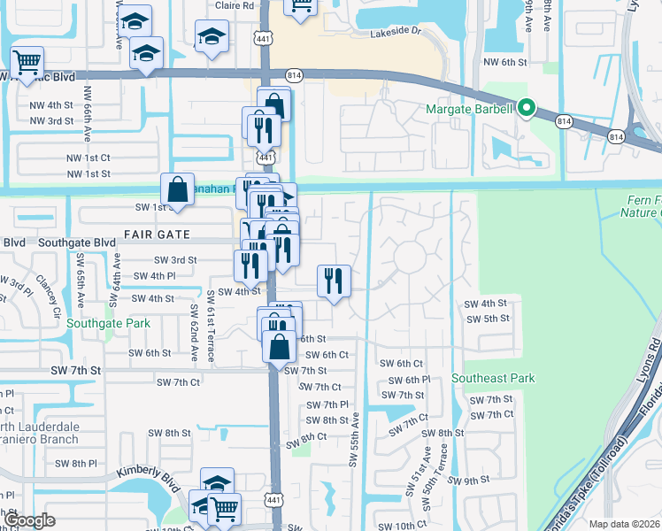 map of restaurants, bars, coffee shops, grocery stores, and more near 375 Southwest 56th Avenue in Margate