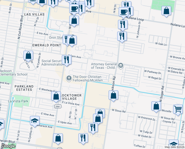 map of restaurants, bars, coffee shops, grocery stores, and more near 1201 East Daffodil Avenue in McAllen