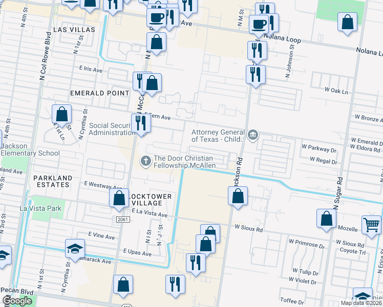 map of restaurants, bars, coffee shops, grocery stores, and more near 1200 East Daffodil Avenue in McAllen