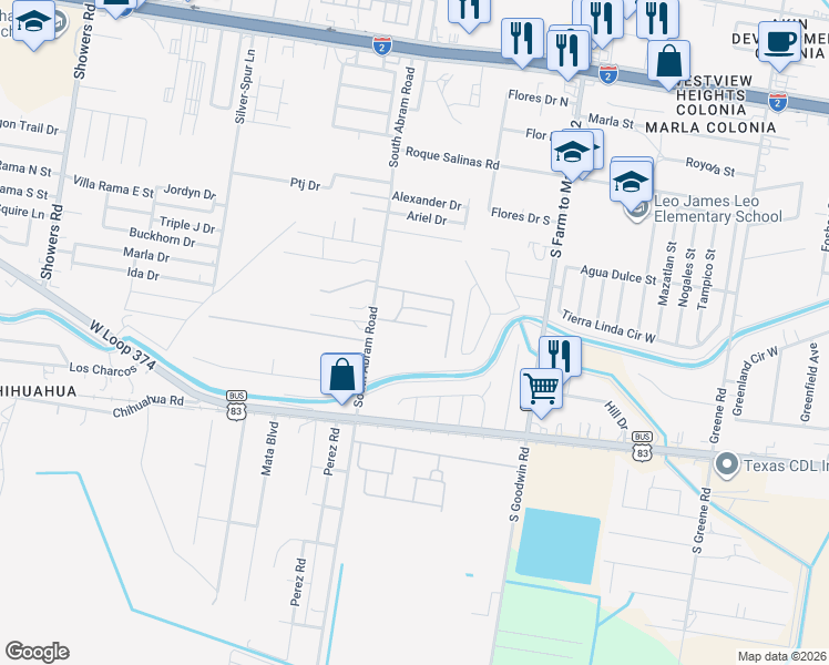map of restaurants, bars, coffee shops, grocery stores, and more near 1109 Abram Road in Palmview