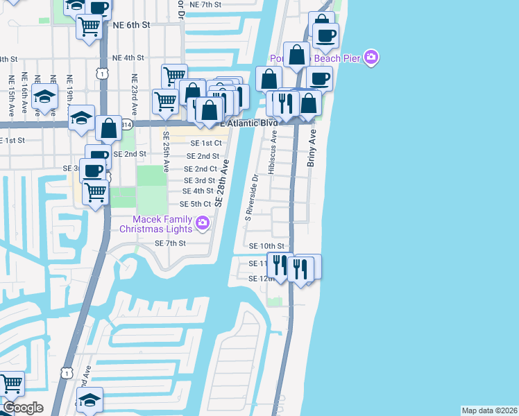 map of restaurants, bars, coffee shops, grocery stores, and more near 550 Hibiscus Avenue in Pompano Beach