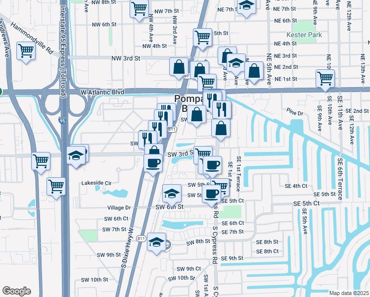 map of restaurants, bars, coffee shops, grocery stores, and more near 199 Southwest 3rd Street in Pompano Beach