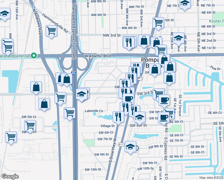 map of restaurants, bars, coffee shops, grocery stores, and more near 427 Southwest 2nd Place in Pompano Beach
