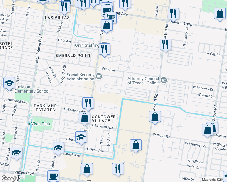 map of restaurants, bars, coffee shops, grocery stores, and more near 1009 East Daffodil Avenue in McAllen