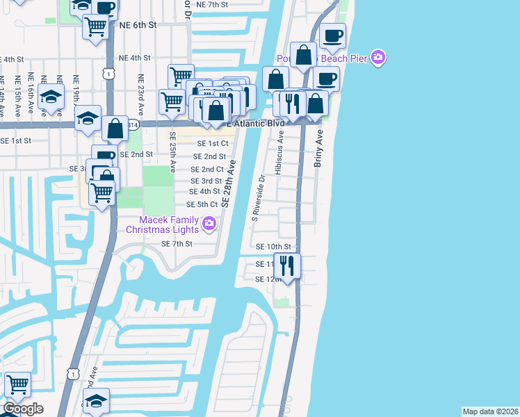 map of restaurants, bars, coffee shops, grocery stores, and more near 601 South Riverside Drive in Pompano Beach