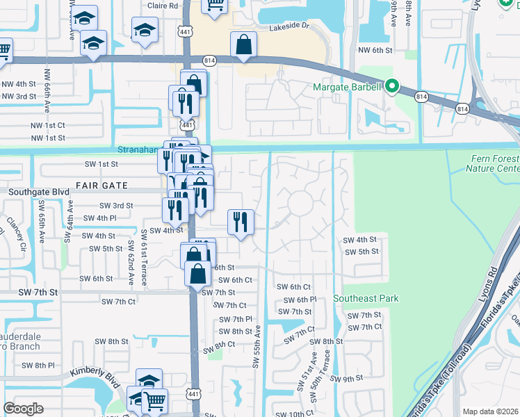 map of restaurants, bars, coffee shops, grocery stores, and more near 282 North Cortez Drive in Margate