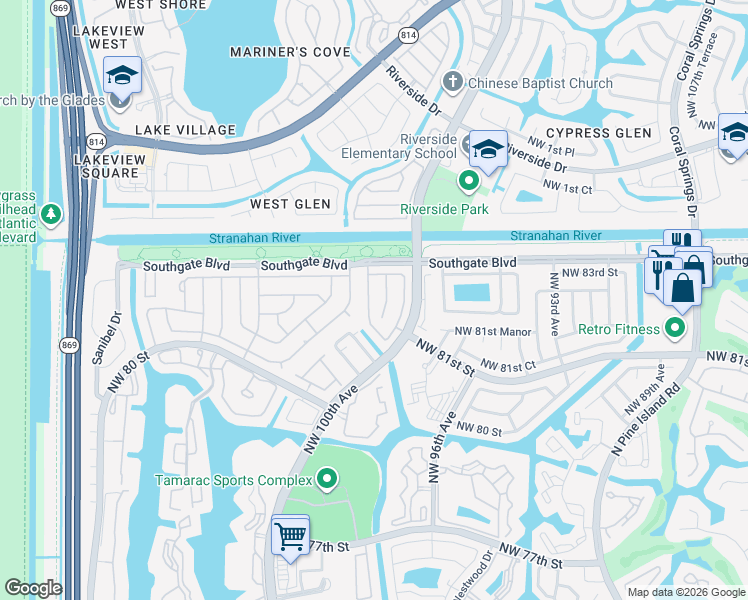 map of restaurants, bars, coffee shops, grocery stores, and more near 8208 Northwest 100th Lane in Tamarac