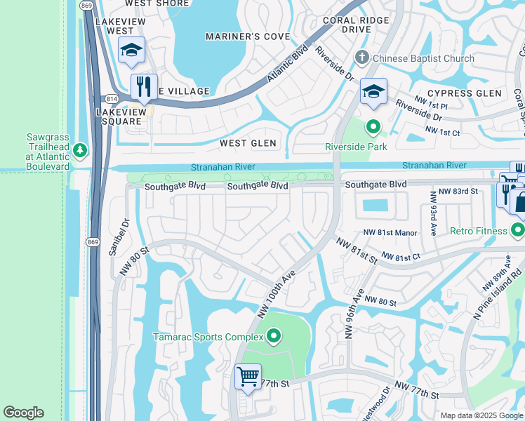 map of restaurants, bars, coffee shops, grocery stores, and more near 10103 Northwest 82nd Street in Tamarac