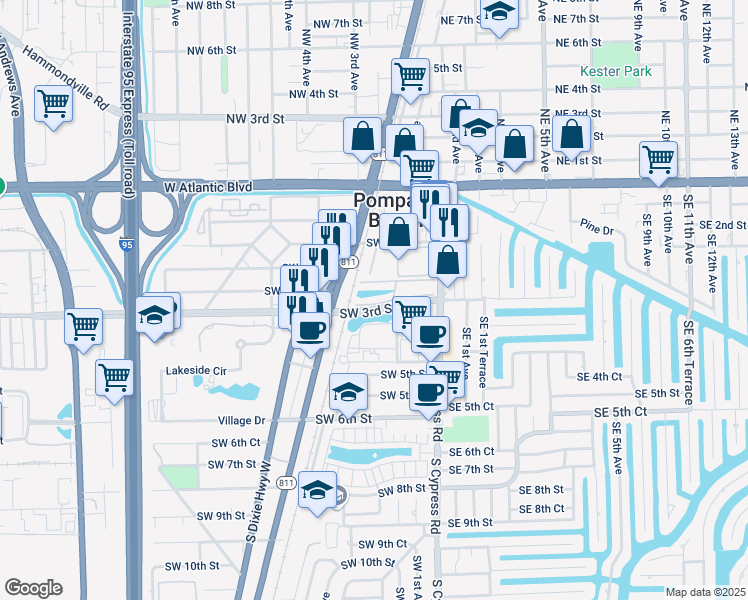map of restaurants, bars, coffee shops, grocery stores, and more near 199 Southwest 3rd Street in Pompano Beach