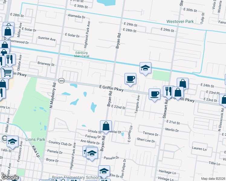 map of restaurants, bars, coffee shops, grocery stores, and more near 2222 Bryan Road in Mission
