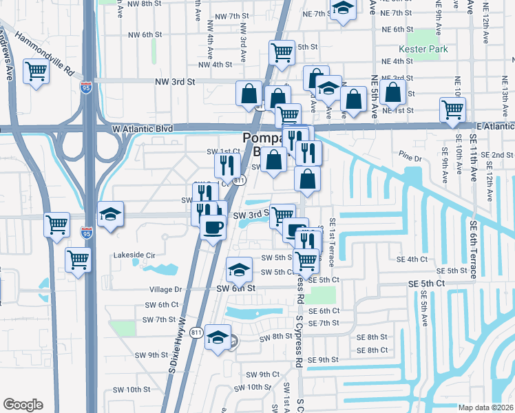 map of restaurants, bars, coffee shops, grocery stores, and more near 199 Southwest 3rd Street in Pompano Beach