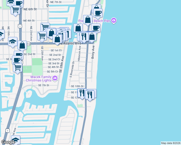 map of restaurants, bars, coffee shops, grocery stores, and more near 705 Briny Avenue in Pompano Beach