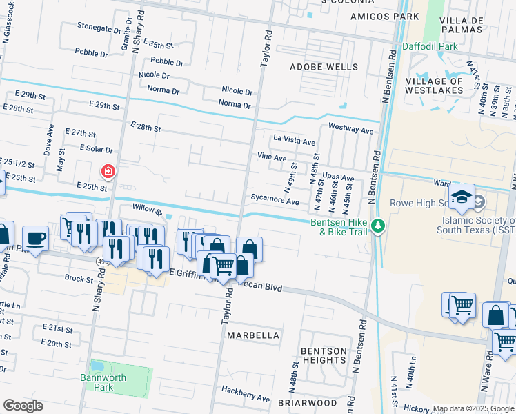map of restaurants, bars, coffee shops, grocery stores, and more near 5121 Sequoia Avenue in McAllen