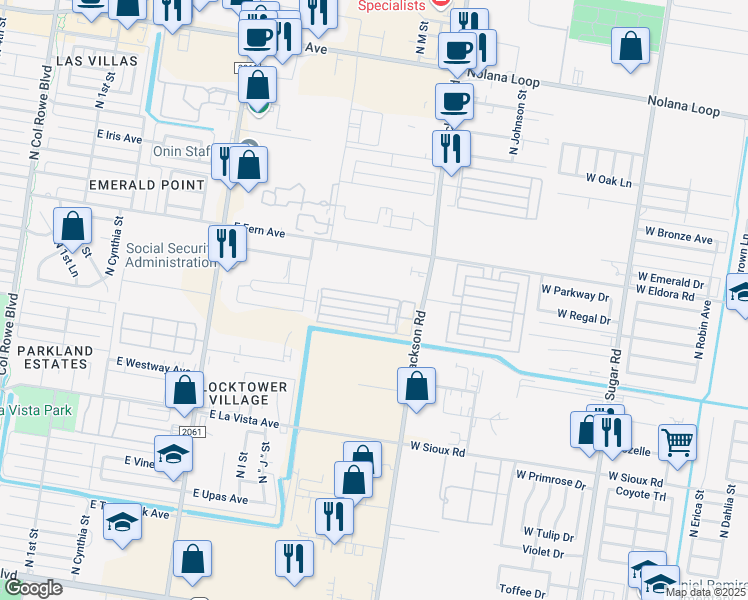 map of restaurants, bars, coffee shops, grocery stores, and more near 1309 East Daffodil Avenue in McAllen