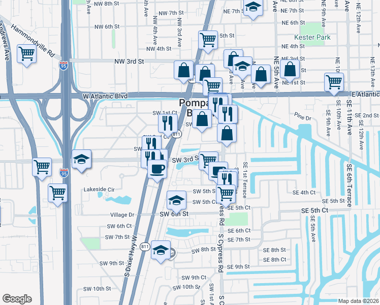 map of restaurants, bars, coffee shops, grocery stores, and more near 199 Southwest 3rd Street in Pompano Beach