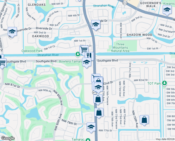 map of restaurants, bars, coffee shops, grocery stores, and more near 7700-7798 Northwest 83rd Street in Tamarac