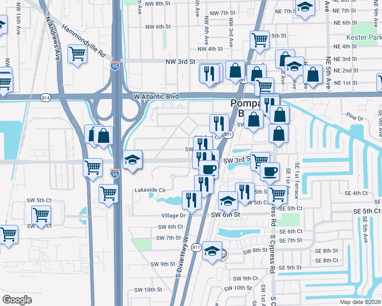 map of restaurants, bars, coffee shops, grocery stores, and more near 348 Southwest 2nd Place in Pompano Beach