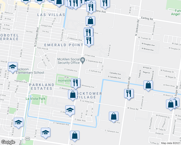 map of restaurants, bars, coffee shops, grocery stores, and more near 824 East Daffodil Street in Pharr