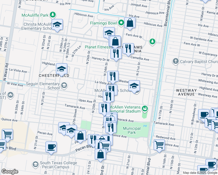 map of restaurants, bars, coffee shops, grocery stores, and more near 2323 La Vista Avenue in McAllen