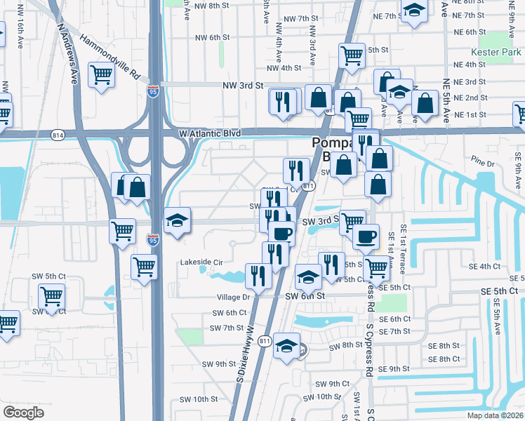 map of restaurants, bars, coffee shops, grocery stores, and more near 348 Southwest 2nd Place in Pompano Beach
