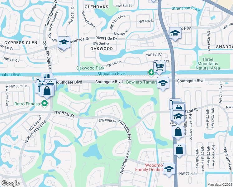 map of restaurants, bars, coffee shops, grocery stores, and more near 8204 Waterford Lane in Tamarac