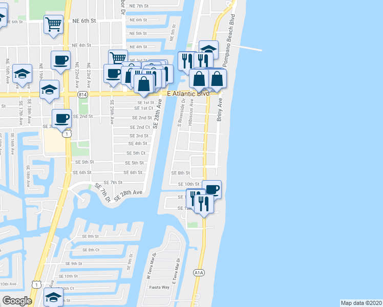 map of restaurants, bars, coffee shops, grocery stores, and more near 550 Hibiscus Avenue in Pompano Beach