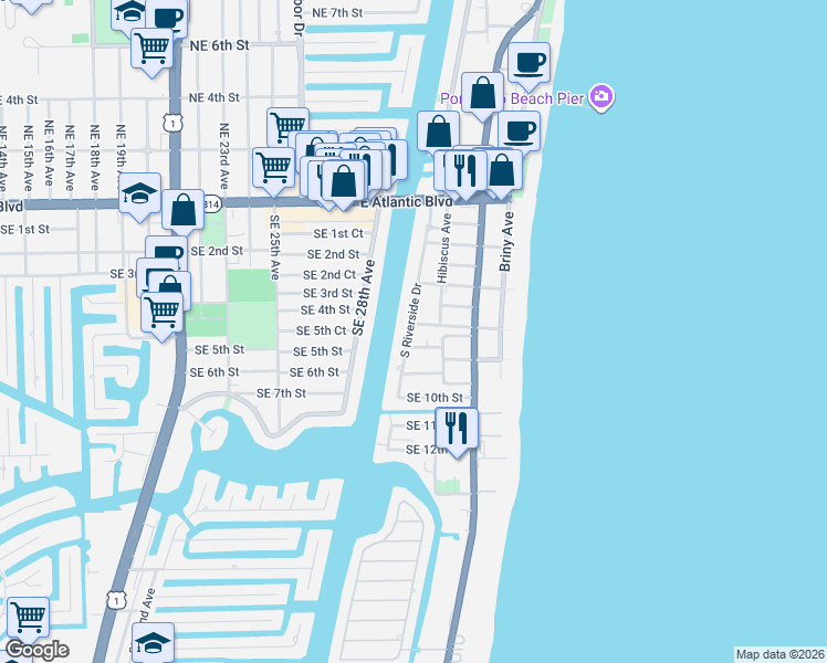 map of restaurants, bars, coffee shops, grocery stores, and more near 601 South Riverside Drive in Pompano Beach