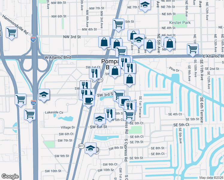 map of restaurants, bars, coffee shops, grocery stores, and more near 199 Southwest 3rd Street in Pompano Beach