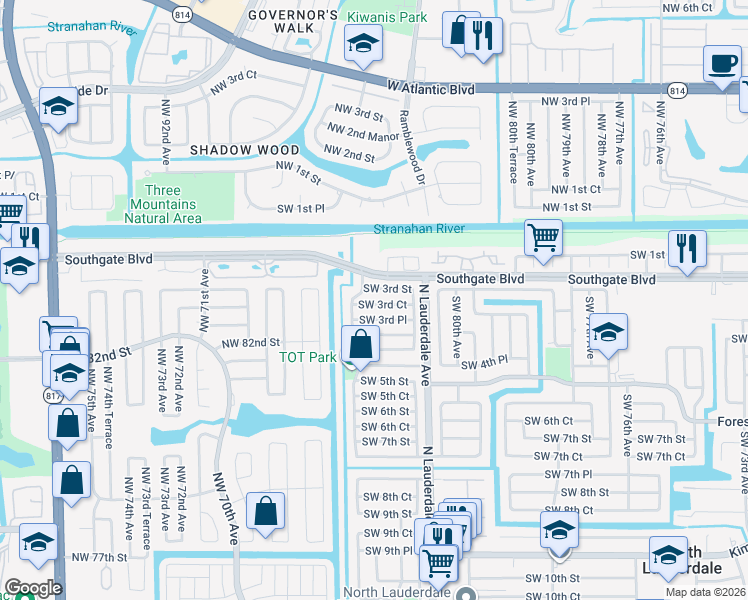 map of restaurants, bars, coffee shops, grocery stores, and more near 8240 Southwest 3rd Street in North Lauderdale