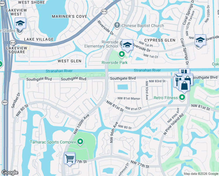 map of restaurants, bars, coffee shops, grocery stores, and more near 8252 Prestige Commons Drive in Tamarac