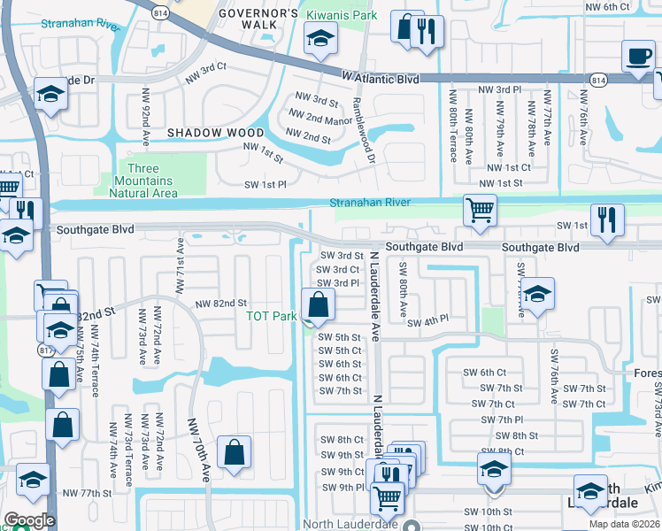 map of restaurants, bars, coffee shops, grocery stores, and more near 8240 Southwest 3rd Street in North Lauderdale