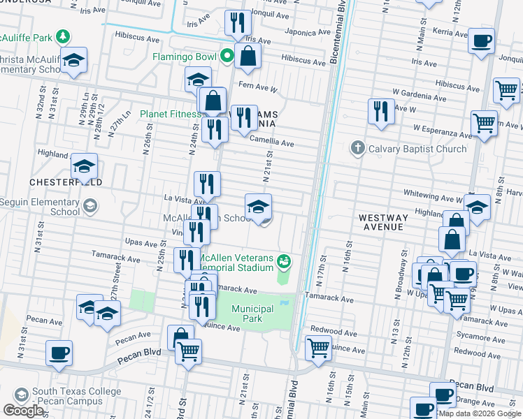 map of restaurants, bars, coffee shops, grocery stores, and more near 2100 La Vista Avenue in McAllen