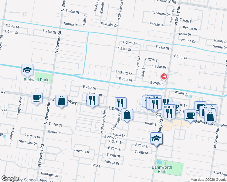 map of restaurants, bars, coffee shops, grocery stores, and more near 2300 North Glasscock Road in Mission