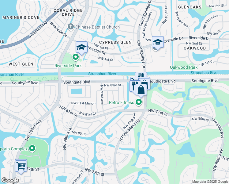 map of restaurants, bars, coffee shops, grocery stores, and more near 8206 Northwest 92nd Avenue in Tamarac