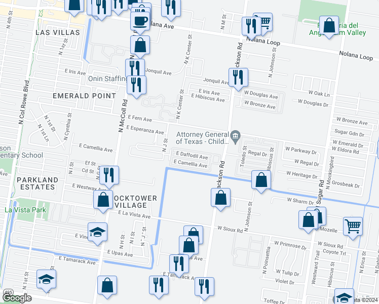 map of restaurants, bars, coffee shops, grocery stores, and more near 1221 East Daffodil Avenue in McAllen