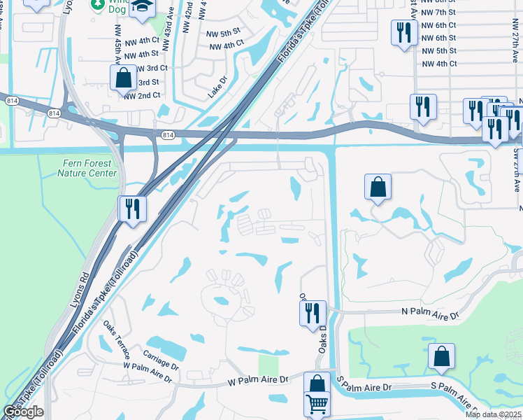 map of restaurants, bars, coffee shops, grocery stores, and more near 3505 Oaks Way in Pompano Beach