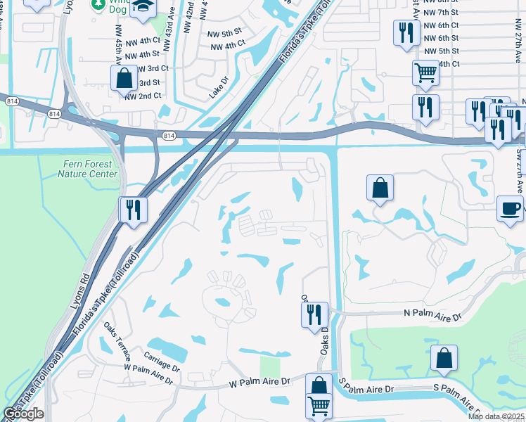 map of restaurants, bars, coffee shops, grocery stores, and more near 3505 Oaks Way in Pompano Beach