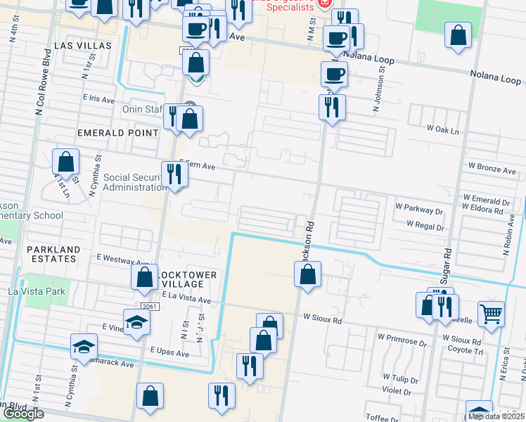 map of restaurants, bars, coffee shops, grocery stores, and more near 1225 East Daffodil Avenue in McAllen