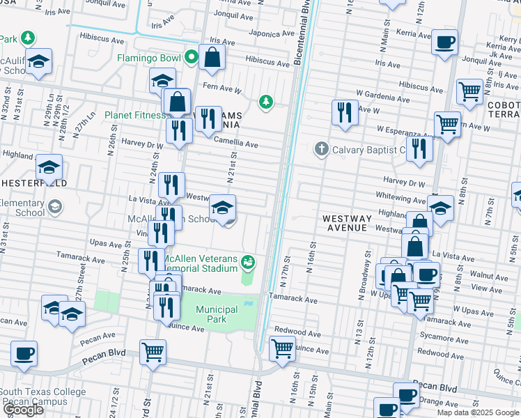 map of restaurants, bars, coffee shops, grocery stores, and more near 1915 Westway Avenue in McAllen