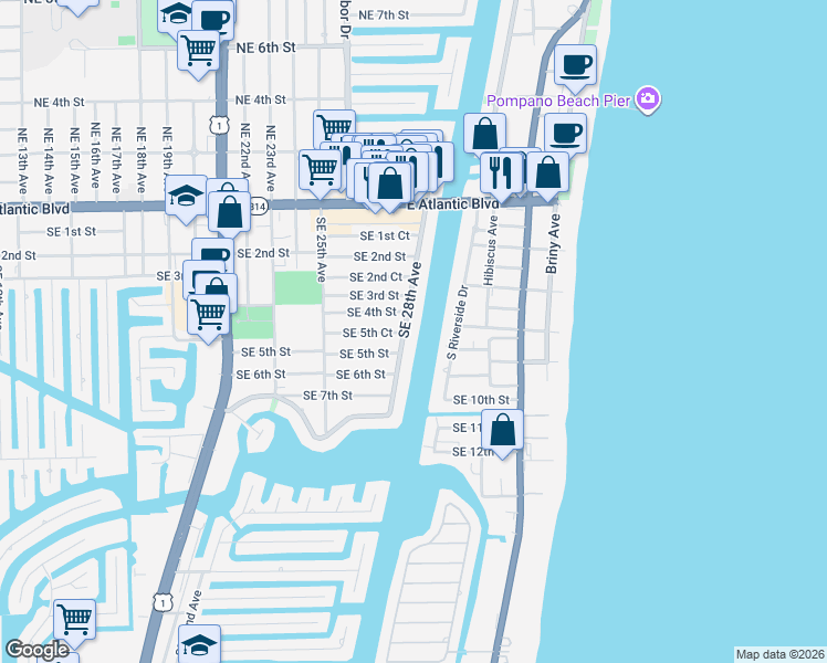map of restaurants, bars, coffee shops, grocery stores, and more near 410 Southeast 28th Avenue in Pompano Beach