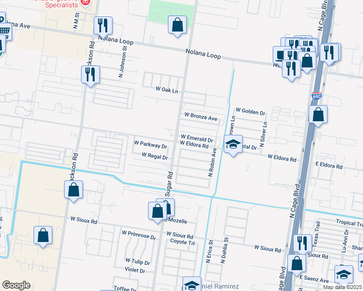 map of restaurants, bars, coffee shops, grocery stores, and more near 814 West Bluebird Avenue in Pharr