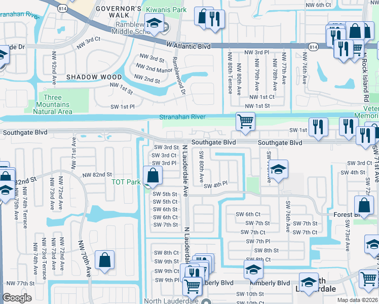 map of restaurants, bars, coffee shops, grocery stores, and more near 304 Southwest 80th Terrace in North Lauderdale
