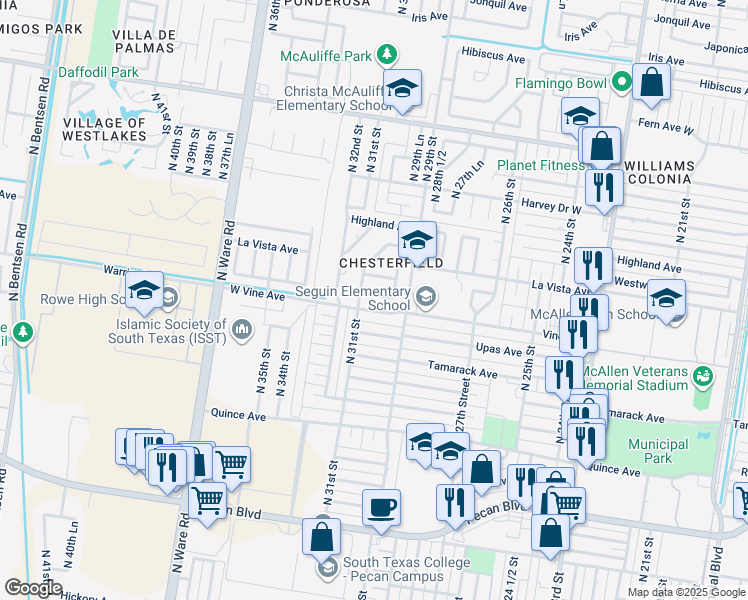 map of restaurants, bars, coffee shops, grocery stores, and more near 3005 Walnut Avenue in McAllen
