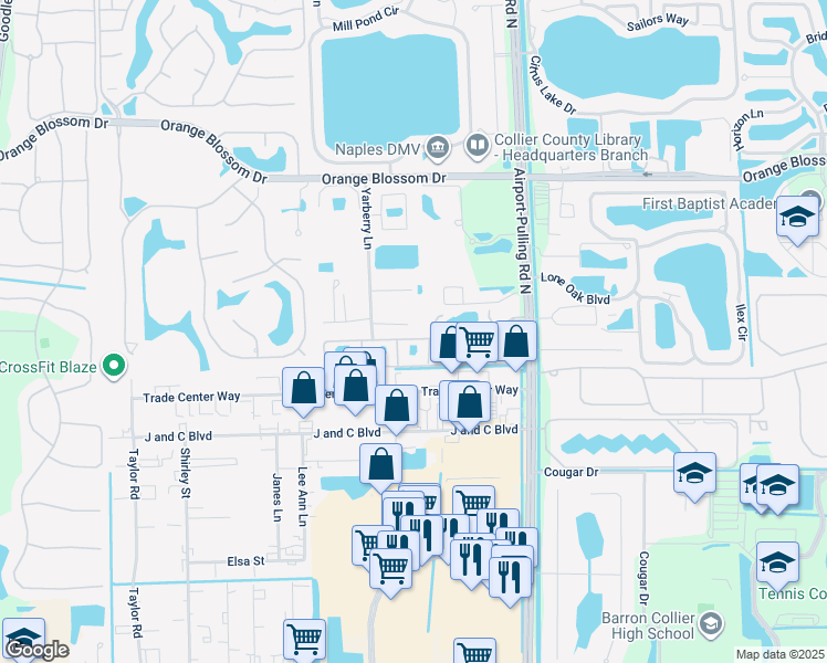 map of restaurants, bars, coffee shops, grocery stores, and more near 6626 Yarberry Lane in Naples