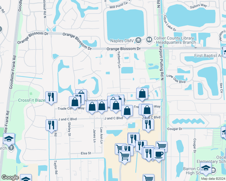 map of restaurants, bars, coffee shops, grocery stores, and more near 6635 Yarberry Lane in Naples